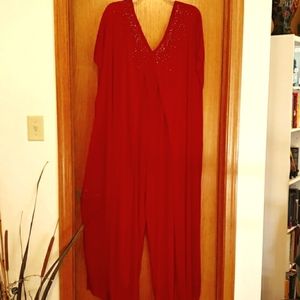 Red Jumpsuit with beaded chiffon overlay